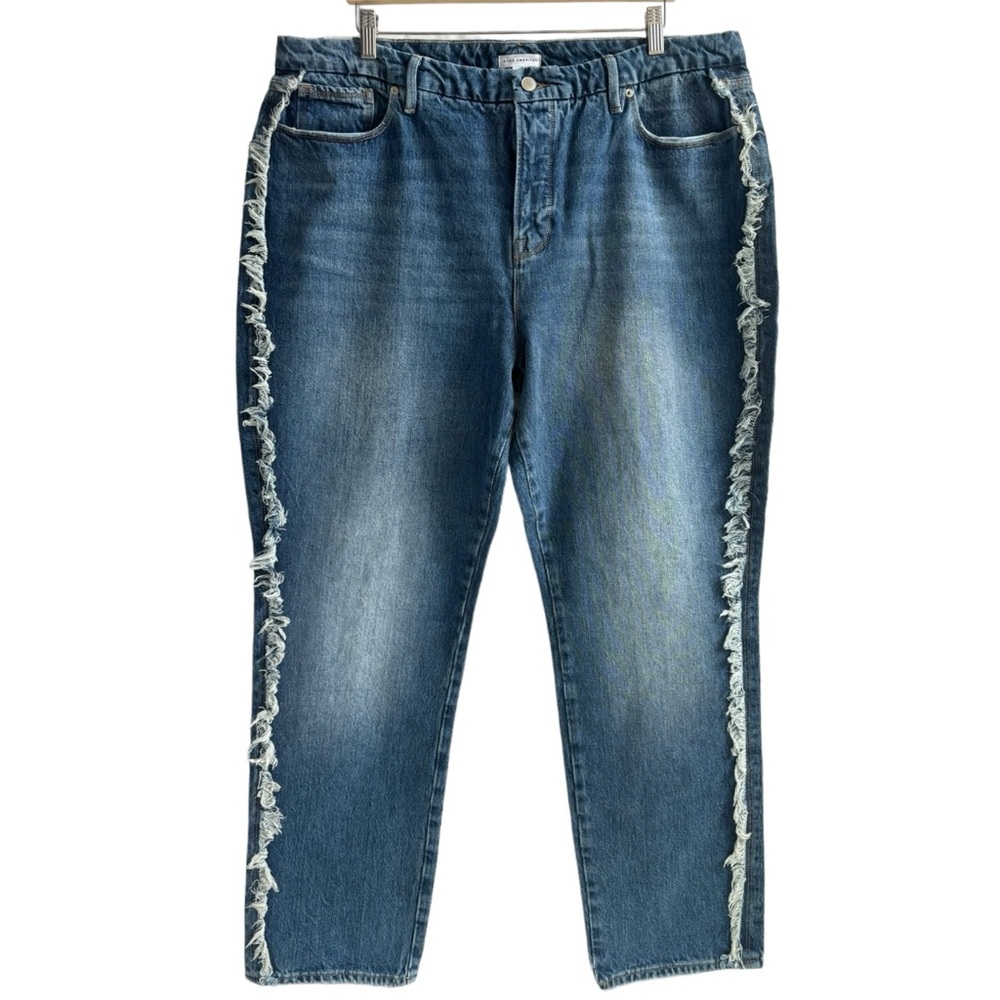 Good American Good Boy Inseam Side Fringed Straight Leg Jeans Blue818 Size 18